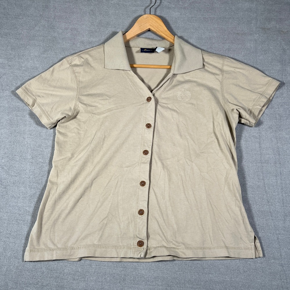 Lizsport Button Front Short Sleeve Polo Collar Top Women L Tan Cotton